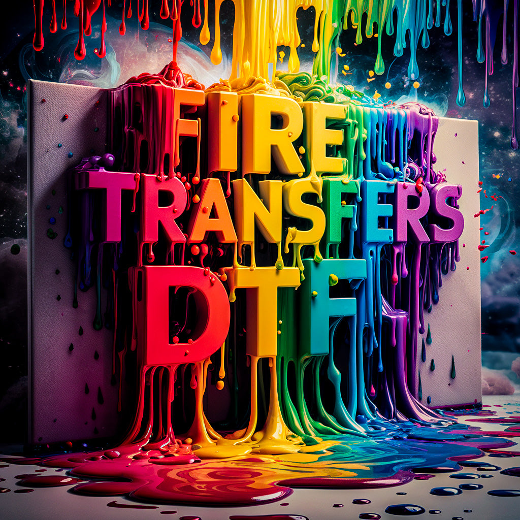 Fire Transfers DTF text in big block letters with ink spilling